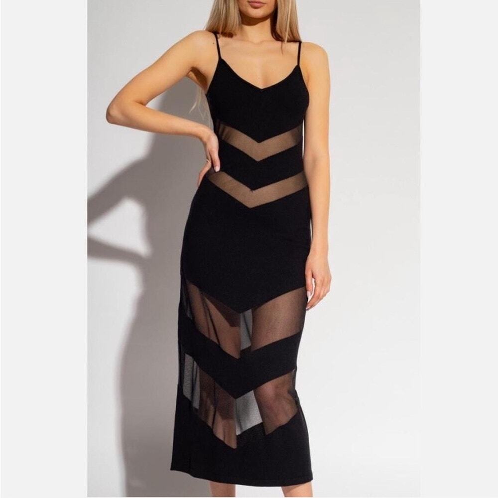 cult gaia Black Sheer Chevron Midi Slip Dress